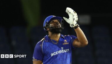 Kieron Pollard celebrates hitting a century for MI New York in Major League Cricket