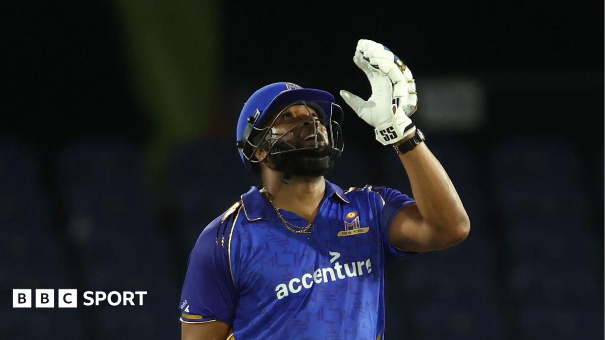 Kieron Pollard celebrates hitting a century for MI New York in Major League Cricket