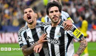 Bruno Guimaraes and Sandro Tonali celebrate after Newcastle United's goal against Union Saint-Gilloise on 1 October 2025