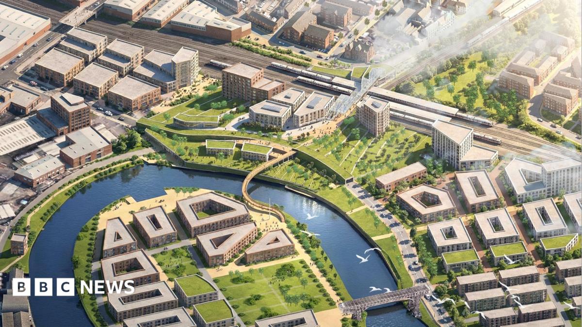 A CGI of the proposed masterplan. The station is on the top right of the image, and then there are office blocks and apartment buildings centred around a river.