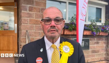 A man with very short grey hair, facial hair and glasses. He is wearing a white shirt, yellow tie with blue dots, and a dark blazer. He has a yellow rosette on his lapel, which says 'Please Vote Troy'. On the other side of his jacket is a sticker which says 'I'm a voter'. He is standing in front of a brick building with a wooden and glass door.
