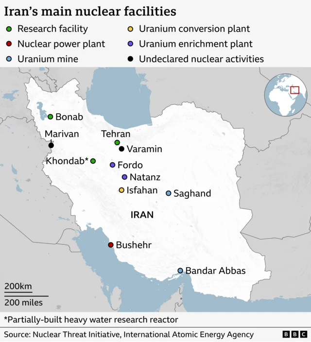 A map of Iran showing the location of its main nuclear facilities