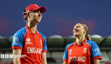 Two wagon wheels that show Freya Kemp and Dani Gibson's boundaries in T20 internationals for England. Kemp hits more down the ground and into the leg side while Gibson has more success through the off side