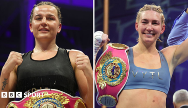 Chantelle Cameron (left) holds up her fists and Mikaela Mayer (right) has the WBO light-middleweight title on her shoulder