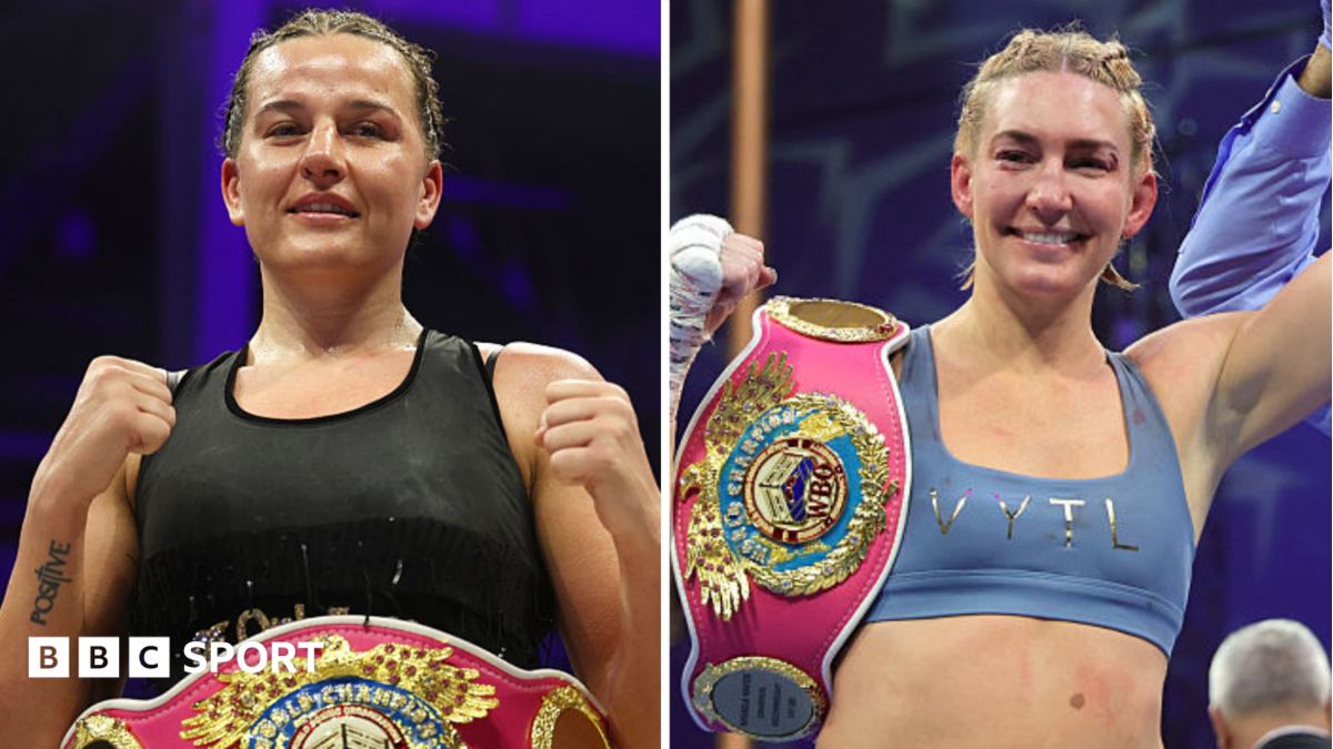 Chantelle Cameron (left) holds up her fists and Mikaela Mayer (right) has the WBO light-middleweight title on her shoulder