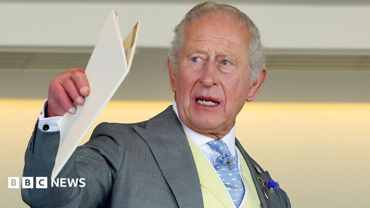 King Charles holding a white A4 booklet and gesturing with it. He is wearing a pale great suit, cream waistcoat, blue and white patterned tie, and a white shirt.