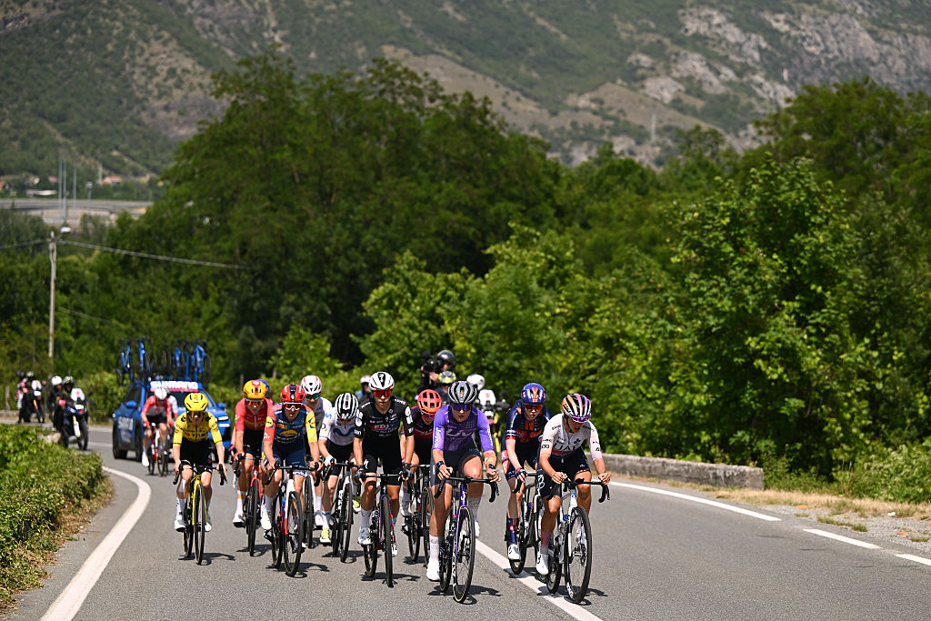 SESTRIERE, ITALY - JUNE 06: (L-R) Celia Gery of France and Team FDJ United - SUEZ, Caroline Andersson of Sweden and Team Liv AlUla Jayco and Silvia Persico of Italy and UAE Team ADQ compete in the breakaway during the 37th Giro d&amp;apos;Italia Women 2026, Stage 8 a 106km stage from Rivoli to Sestriere 2034m / #UCIWWT / on June 06, 2026 in Sestriere, Italy. (Photo by Luc Claessen/Getty Images)