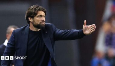 Russell Martin points directions to his Rangers players during a Champions League play-off game