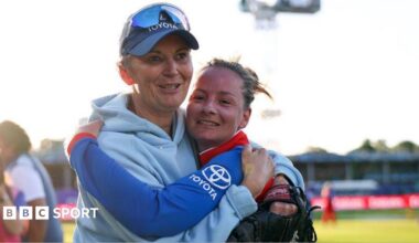 Danni Wyatt-Hodge celebrates her century with a fist bump