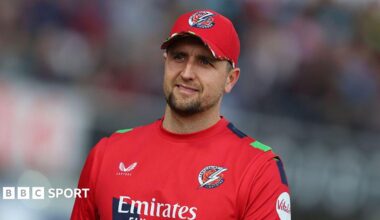 Liam Livingstone, on one knee, hits another boundary for Lancashire against Glamorgan on Sunday.