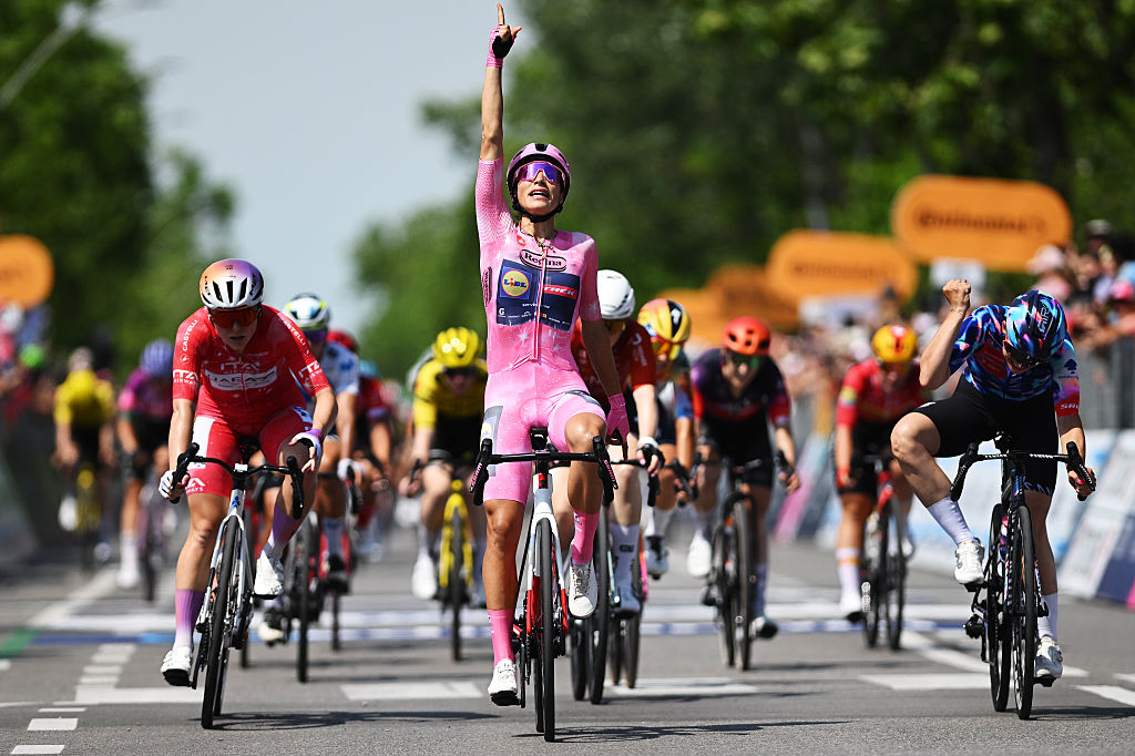 CAORLE, ITALY - MAY 31: Elisa Balsamo of Italy and Team Lidl - Trek - Pink Leader Jersey (C) celebrates at finish line as stage winner ahead of (L-R) Lara Gillespie of Ireland and UAE Team ADQ - Red Sprint Jersey and Chiara Consonni of Italy and Team CANYON//SRAM zondacrypto during the 37th Giro d&amp;apos;Italia Women 2026, Stage 2 a 156km stage from Roncade to Caorle / #UCIWWT / on May 31, 2026 in Caorle, Italy. (Photo by Luc Claessen/Getty Images)