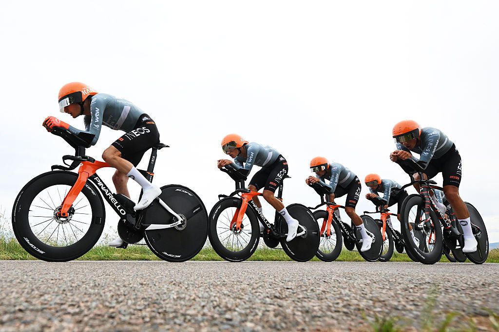 PERREUX, FRANCE - JUNE 09: A general view of Netcompany INEOS Cycling Team compete during the 78th Tour Auvergne-Rhone-Alpes 2026, Stage 3 a 28.4km team time trial stage from Perreux to Perreux / #UCIWT / on June 09, 2026 in Perreux, France. (Photo by Dario Belingheri/Getty Images)