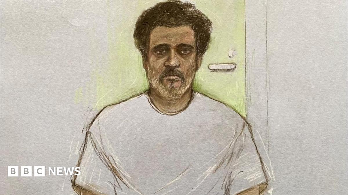 Court artist drawing of Ajay Pant, wearing a grey t-shirt sat in front of a bright door
