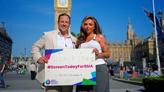 Giles Lomax, CEO for SMA UK and former Little Mix singer Jesy Nelson in Parliament Square, London, ahead of the SMA screening debate