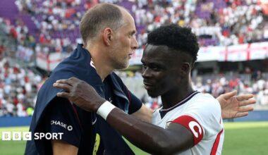 Thomas Tuchel hugs Bukayo Saka after England's friendly win over Costa Rica in June 2026
