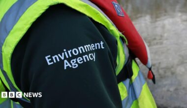 A close up of an Environment Agency employee's outfit. All that is visible is a high vis jacket and the shoulder of a black top with Environment Agency written on it in white.