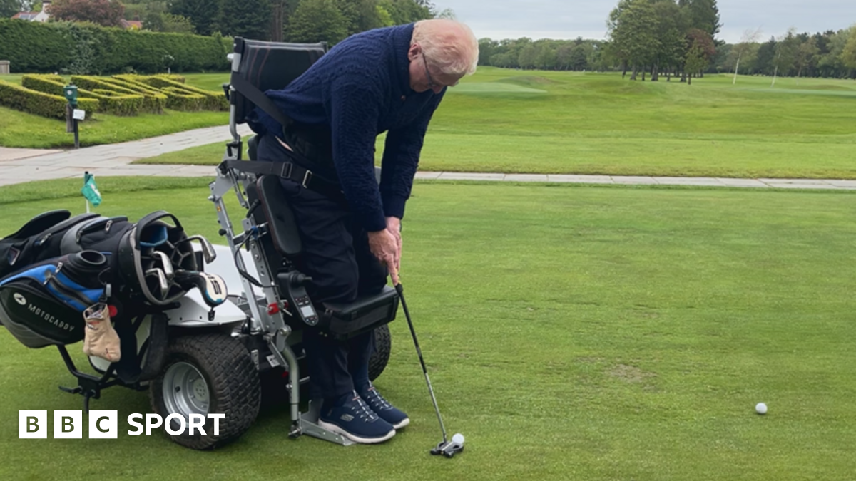Alistair Bonham in action, using a Paragolfer - a device which allows users with lower limb disabilities to adopt a standing position in order to freely swing a golf club - at Lytham Green Drive Golf Club