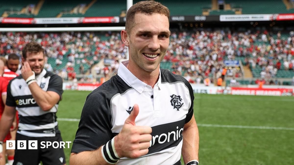 George North with his thumbs up after scoring two tries for Barbarians against Wales