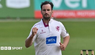 Somerset captain Lewis Gregory celebrates taking a wicket against Nottinghamshire at Trent Bridge by punching his right fist in the air