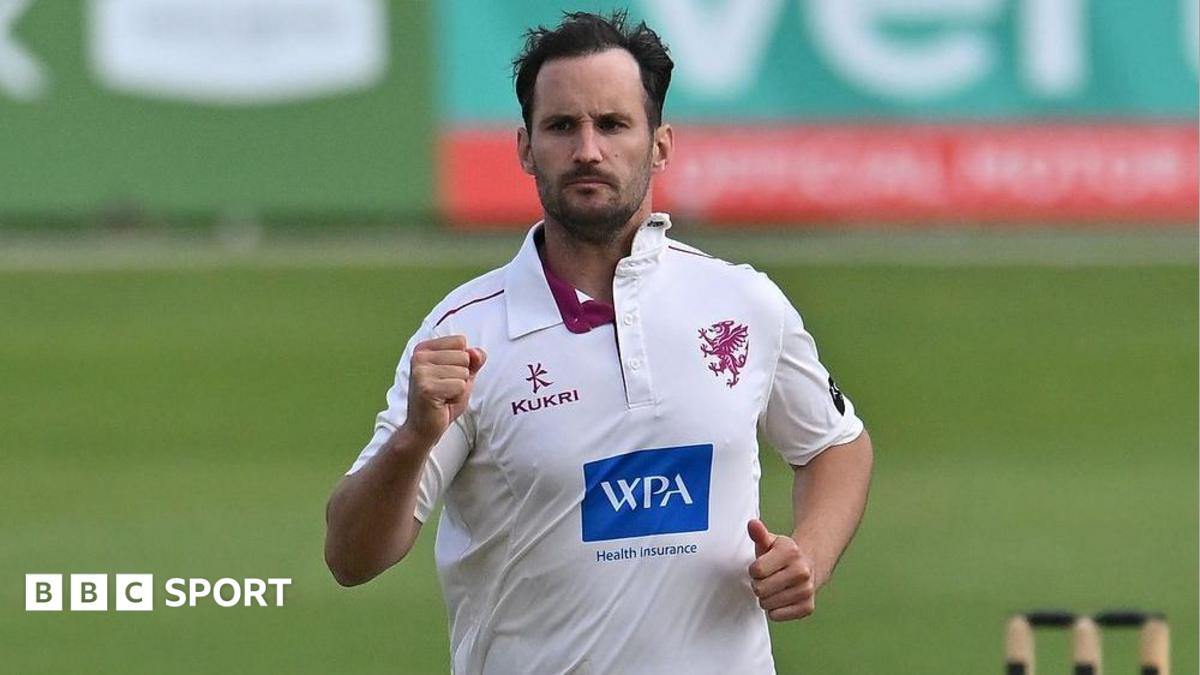 Somerset captain Lewis Gregory celebrates taking a wicket against Nottinghamshire at Trent Bridge by punching his right fist in the air