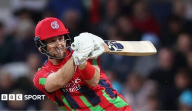 Liam Livingstone whipping a shot away through the legside, batting for Lancashire in a T20 game