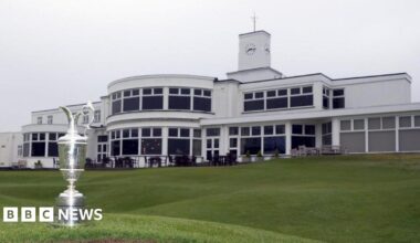 The Claret Jug on display on the grass in front of the club house during a media day for the 154th Open at Royal Birkdale, Southport.