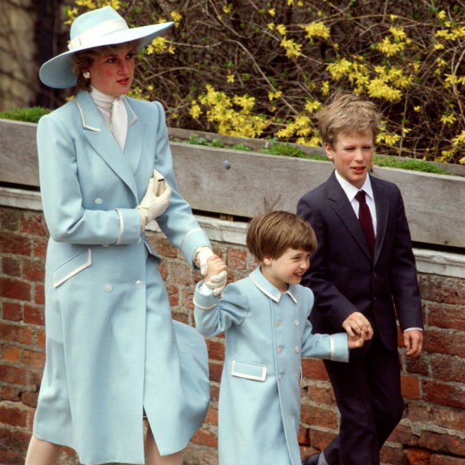 Diana William Peter Phillips windsor, united kingdom april 19: diana, princess of wales, with her son, prince william and her nephew, peter phillips, on their way to easter service. the princess is wearing a pale blue coat designed by catherine walker who made a similar one for prince william (photo by tim graham photo library via getty images)