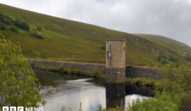 A view of the reservoir surrounded by green moors and a tower.