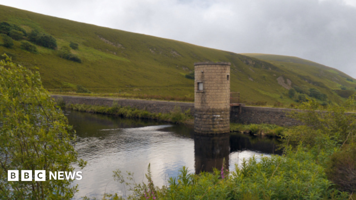 A view of the reservoir surrounded by green moors and a tower.