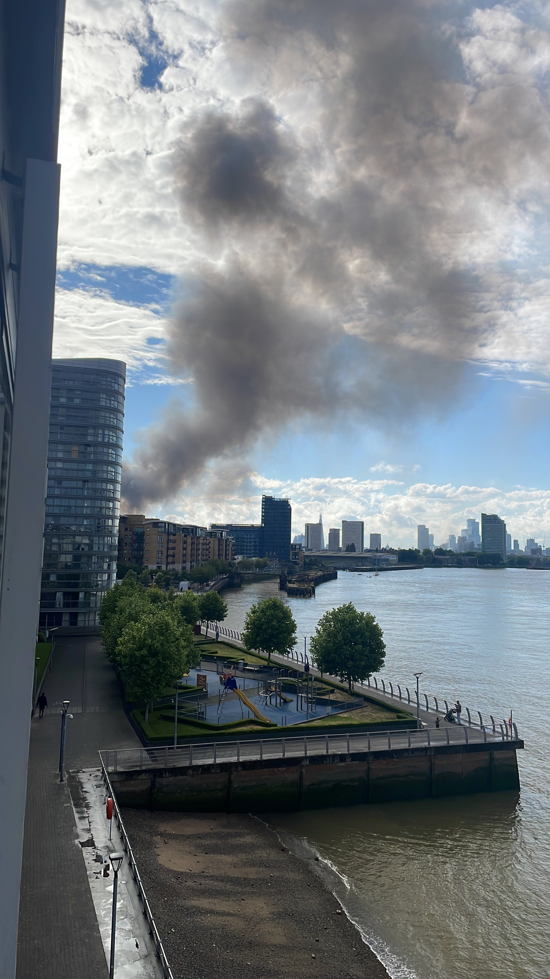Footage of the fire as seen from Greenwich on Monday evening