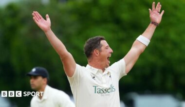 Kent's Keith Dudgeon, in whites, appeals to the right of shot, to an unpictured umpire