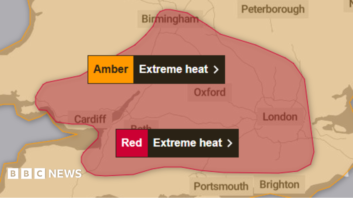 A map of the UK where a red section fills the map to detail where extreme weather will be felt during a particular time. There is an orange section that shows a slightly less serious weather warning.