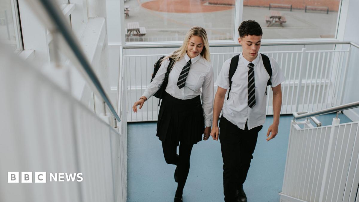 A teenage girl and boy walk up a white and blue staircase in a school building