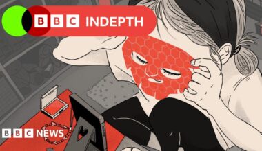Thin, lobster red banner with white text saying ‘InDepth newsletter’. To the right are black and white portrait images of Emma Barnett and John Simpson. Emma has dark-rimmed glasses, long fair hair and a striped shirt. John has short white hair with a white shirt and dark blazer. They are set on an oatmeal, curved background with a green overlapping circle.