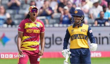 Hayley Matthews celebrates a wicket for West Indies v Sri Lanka