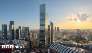 An artist's impression of the skyscraper, surrounded by smaller towers, with a yellow sunset in the background