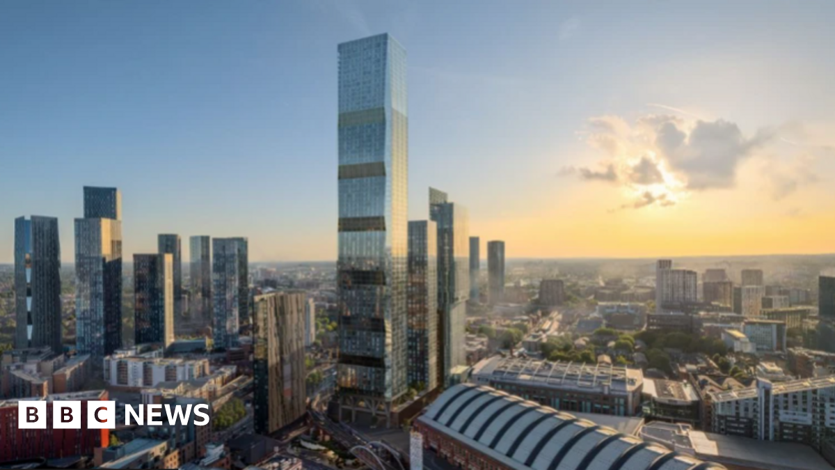 An artist's impression of the skyscraper, surrounded by smaller towers, with a yellow sunset in the background