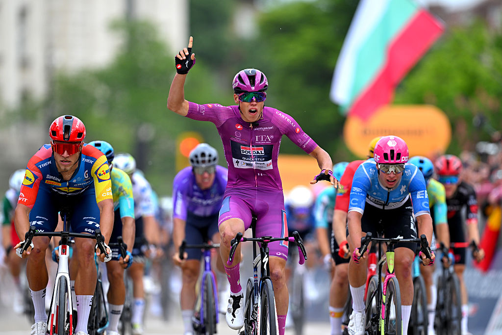 Maglia ciclamino winner Paul Magnier celebrates one of his three stage victories at the Giro d'Italia