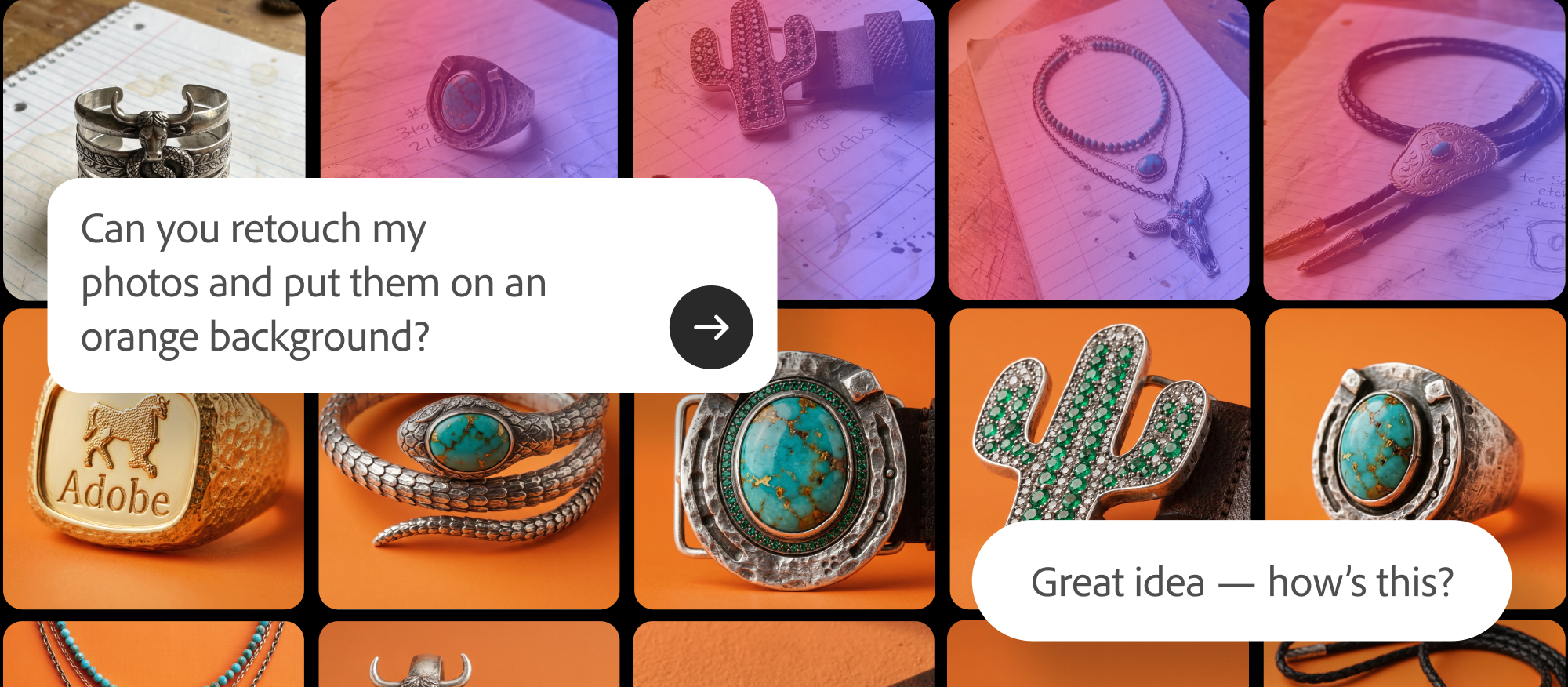 A split image showing jewellery product photos before and after an AI Assistant prompt, with raw shots on a white background above transformed to polished images on a vivid orange background below.