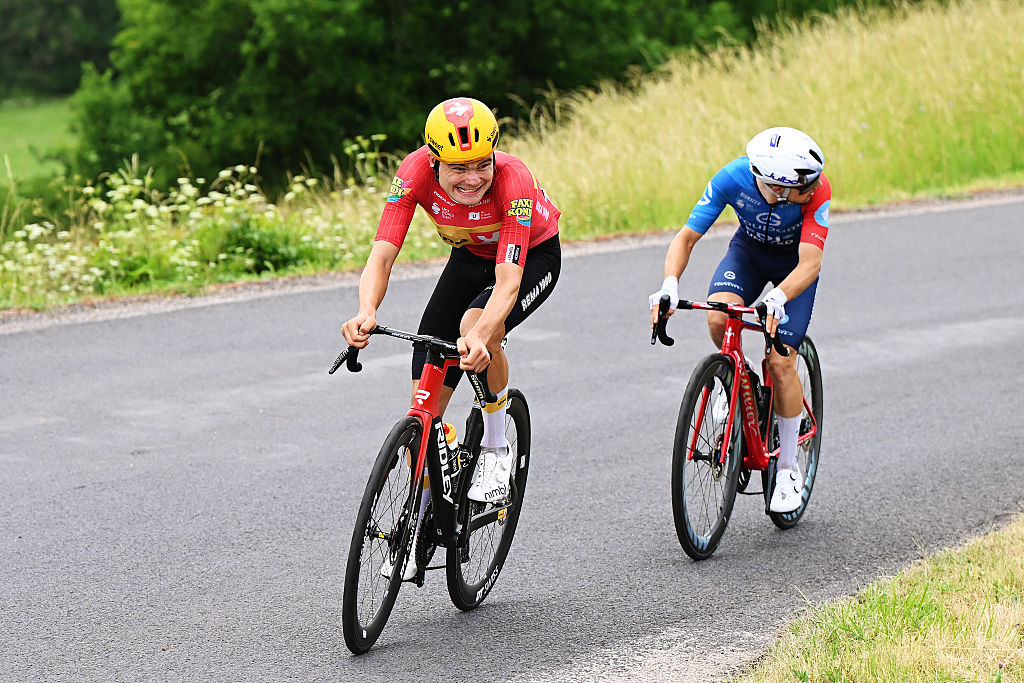 LE PUY-EN-VELAY, FRANCE - JUNE 08: Anthon Charmig of Denmark and Team Uno-X Mobility attacks in the breakaway during the 78th Tour Auvergne-Rhone-Alpes 2026, Stage 2 a 234.3km stage from Saint-Martin-le-Vinoux to Le Puy-en-Velay 624m / #UCIWT / on June 08, 2026 in Le Puy-en-Velay, France. (Photo by Dario Belingheri/Getty Images)
