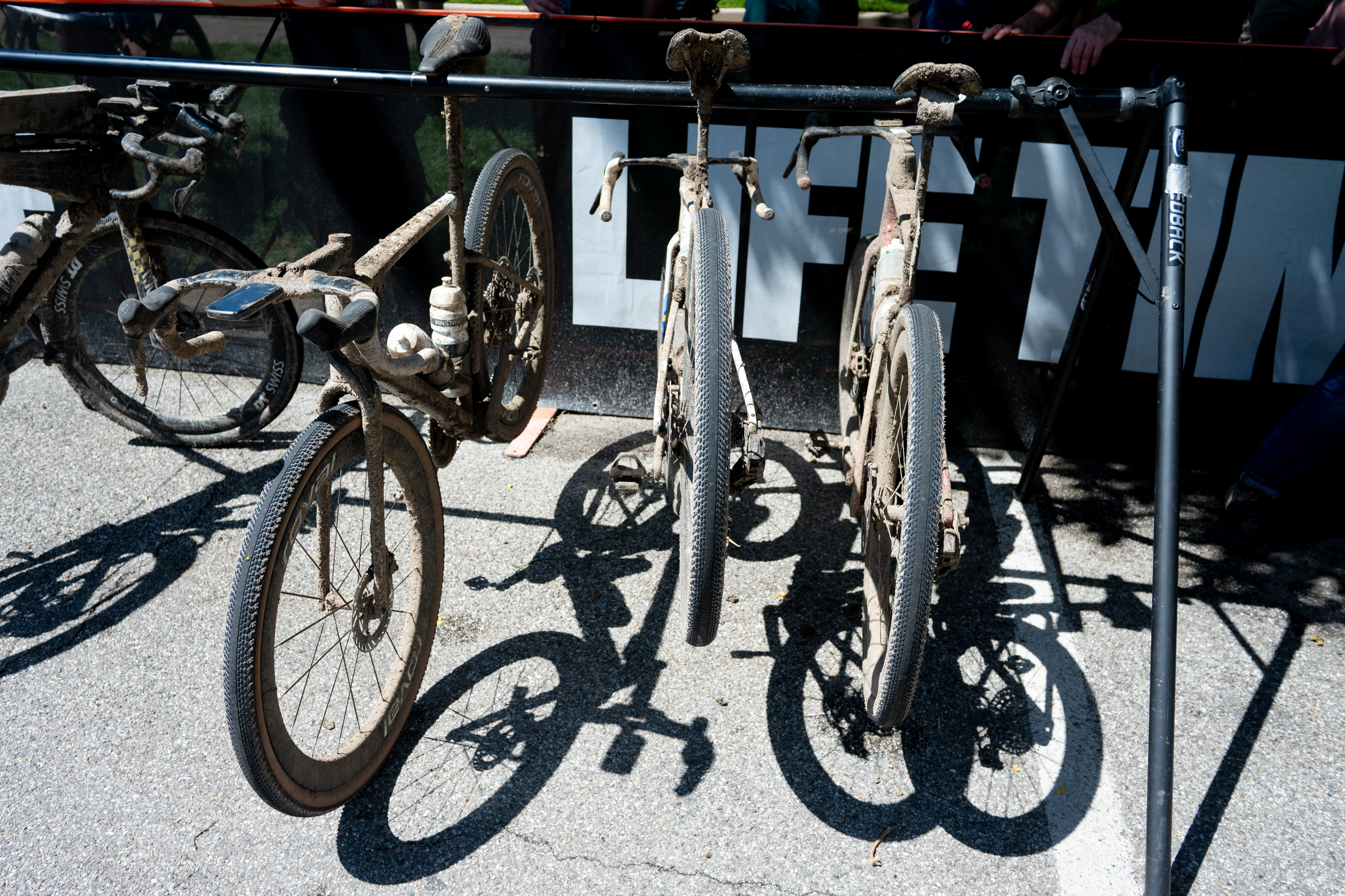 Photos of the bikes from the finish line of Unbound Gravel 2026