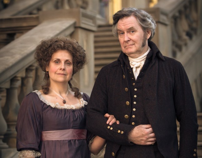 Television programme: Death comes to Pemberley Mrs Bennett (Rebecca Front) and Mr Bennett (James Flood)