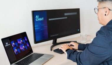 Business woman creating images with artificial intelligence inside office