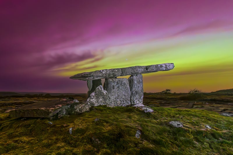 Pollnabrone Dolmen under the Northern Lights. Photograph: Joe Silke