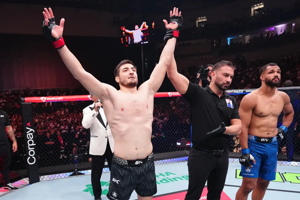 BAKU, AZERBAIJAN - JUNE 27: Abdul Rakhman Yakhyaev of Russia reacts after a knockout victory against Julius Walker in a light heavyweight fight during the UFC Fight Night event at National Gymnastics Arena on June 27, 2026 in Baku, Azerbaijan. (Photo by Jeff Bottari/Zuffa LLC)