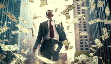 Man walking through money