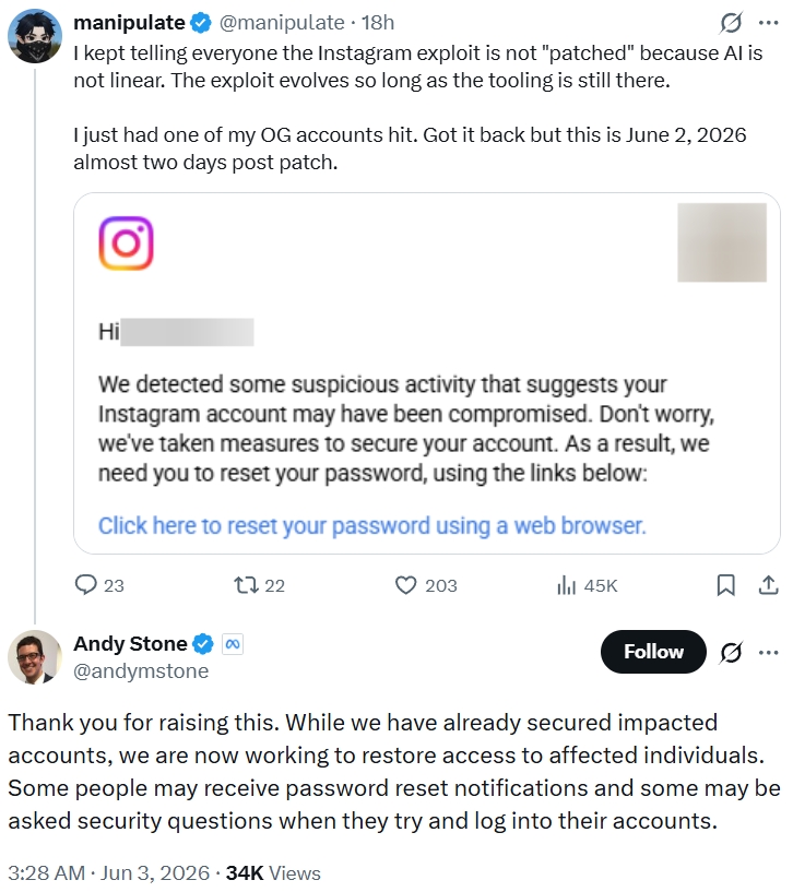 Andy Stone on Instagram account hack
