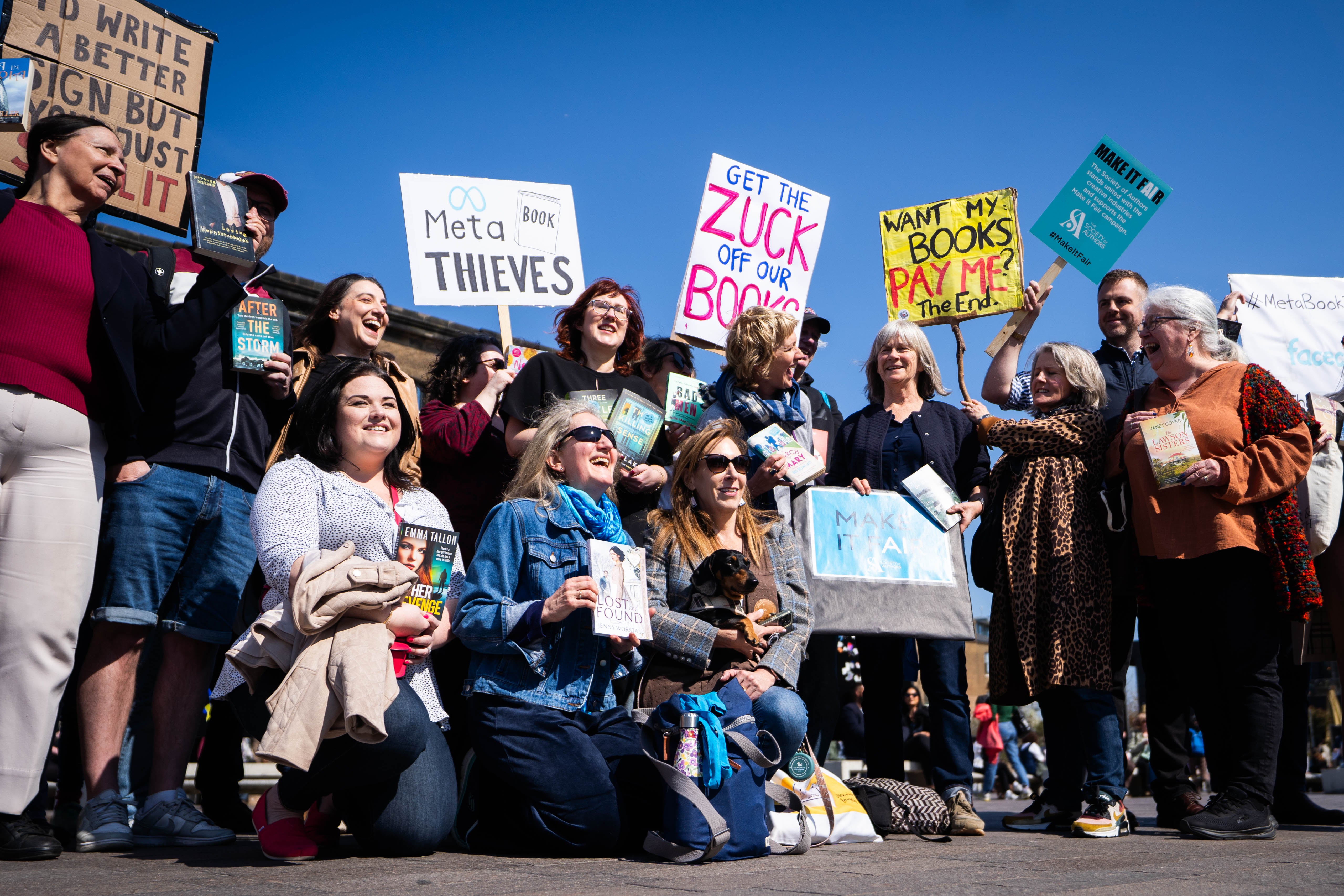 Authors and publishing creatives from across the UK gather near the offices of Meta in London to demand immediate answers from Meta bosses, after millions of books were allegedly used to train their artificial intelligence