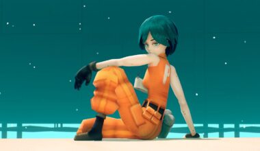 A women in an orange jumpsuit sits on a ledge in a stylised video game