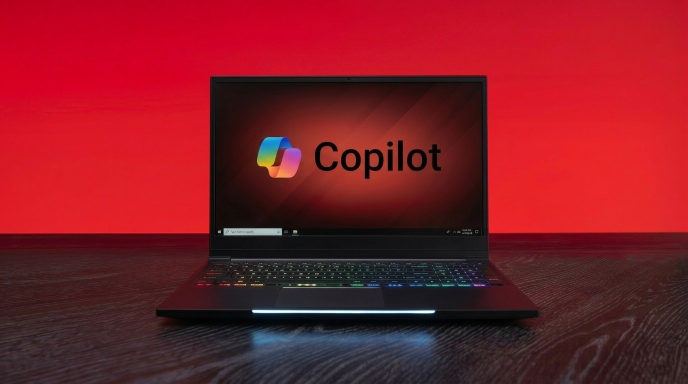 A Maingear laptop with a colorful backlit keyboard is open on a dark wooden table. The screen displays the "Copilot" logo on a red gradient background.